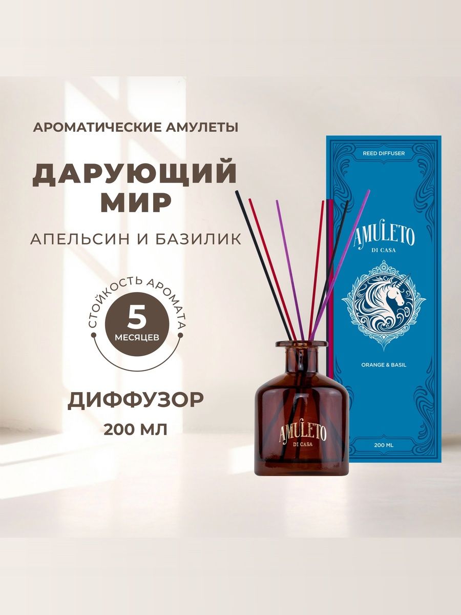 Amuleto Di Casa Ароматический диффузор с комплектом фибровых палочек 200 мл.Апельсин и Базилик